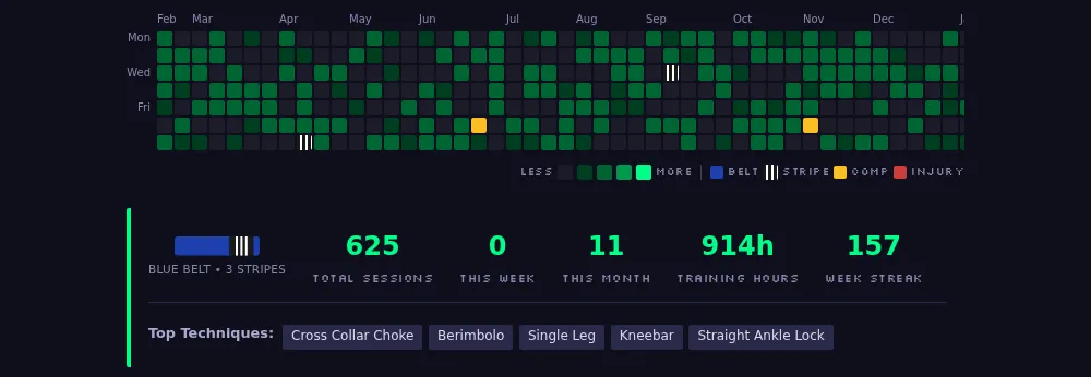 Training Journal — heatmap, stats, and milestones
