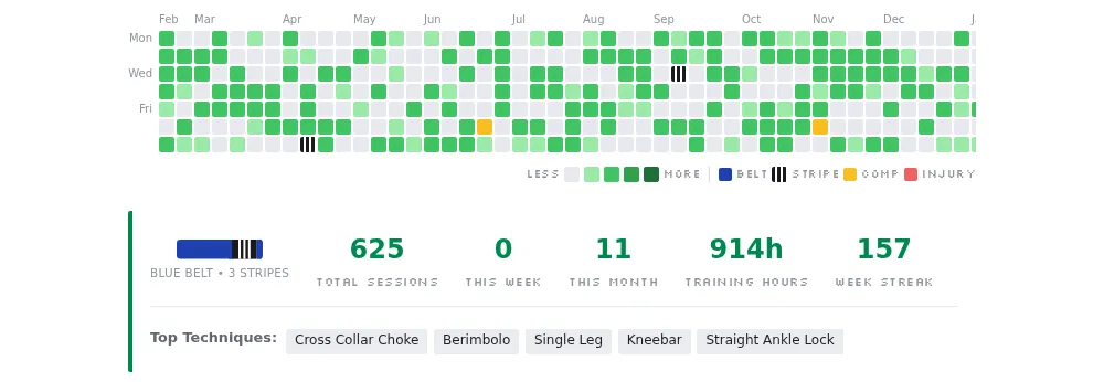 Training Journal — heatmap, stats, and milestones